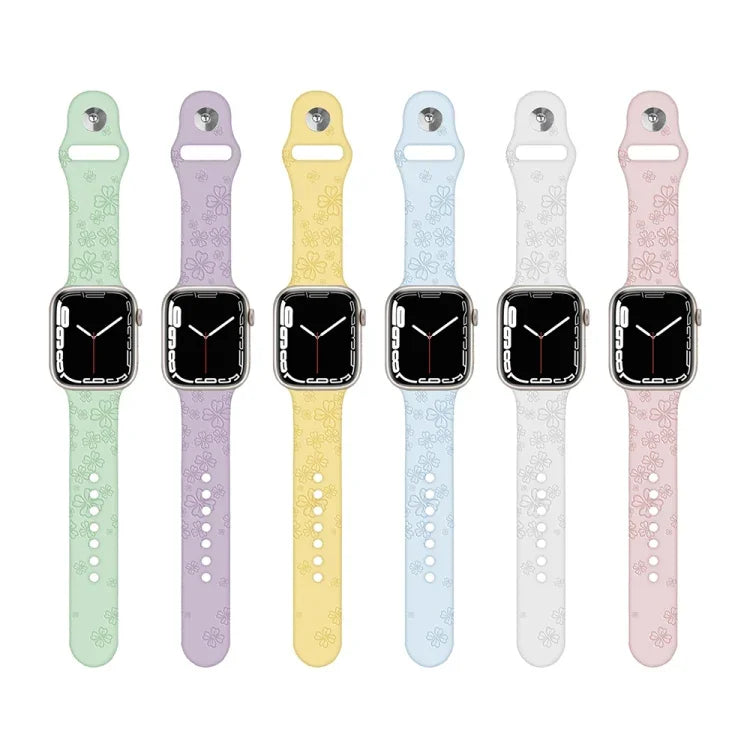 สายรัดนาฬิกาซิลิโคนลายใบโคลเวอร์สี่แฉก สำหรับ Apple Watch Series, 7 45 มม. / 6&SE&5&4 44 มม. / 3&2&1 42 มม., 7 41 มม. / 6&SE&5&4 40 มม. / 3&2&1 38 มม.