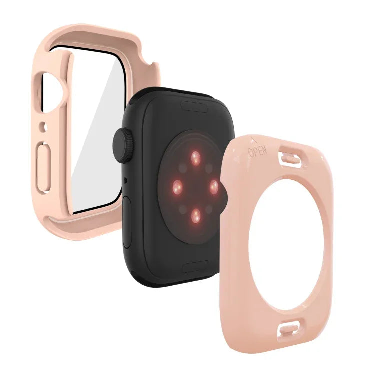 เคสกันน้ำ PC + ฟิล์มกระจกนิรภัยพร้อมฝาปิดล่างสำหรับ Apple Watch Series 9 / 8 / 7 45mm, 9 / 8 / 7 41mm, 9 / 8 / 7 45mm