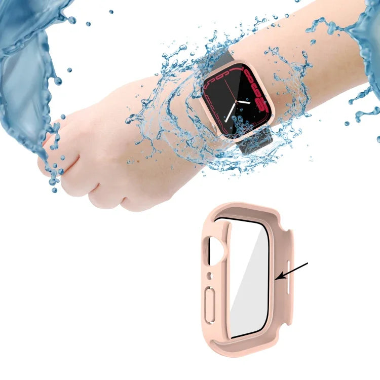เคสกันน้ำ PC + ฟิล์มกระจกนิรภัยพร้อมฝาปิดล่างสำหรับ Apple Watch Series 9 / 8 / 7 45mm, 9 / 8 / 7 41mm, 9 / 8 / 7 45mm