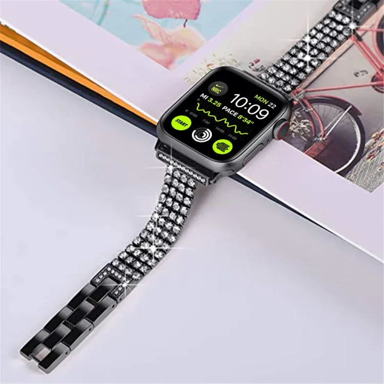 สายรัดนาฬิกาโลหะแนวเพชรสี่แถว สำหรับ Apple Watch Series, 7 41mm / 6&SE&5&4 40mm / 3&2&1 38mm, 7 45mm / 6&SE&5&4 44mm / 3&2&1 42mm