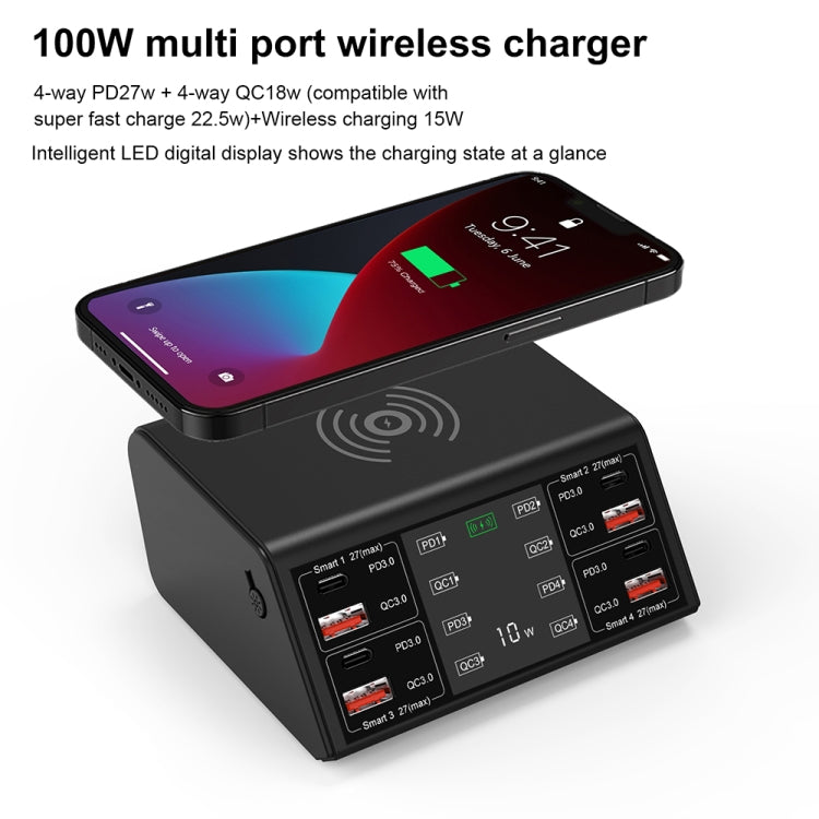แท่นชาร์จไร้สายดิจิทัลแสดงผลอัจฉริยะ 838w 9 in 1 100W 4 PD 3.0 USB-C / Type-C + 4 QC 3.0 USB พอร์ต พร้อมปลั๊ก EU, US, UK, AU