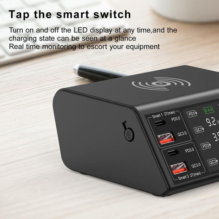 แท่นชาร์จไร้สายดิจิทัลแสดงผลอัจฉริยะ 838w 9 in 1 100W 4 PD 3.0 USB-C / Type-C + 4 QC 3.0 USB พอร์ต พร้อมปลั๊ก EU, US, UK, AU