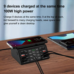 แท่นชาร์จไร้สายดิจิทัลแสดงผลอัจฉริยะ 838w 9 in 1 100W 4 PD 3.0 USB-C / Type-C + 4 QC 3.0 USB พอร์ต พร้อมปลั๊ก EU, US, UK, AU