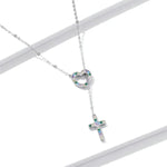 เครื่องประดับสร้อยคอรูปหัวใจและกางเขนเงินสเตอร์ลิง S925 สำหรับผู้หญิง, หัวใจและกางเขน