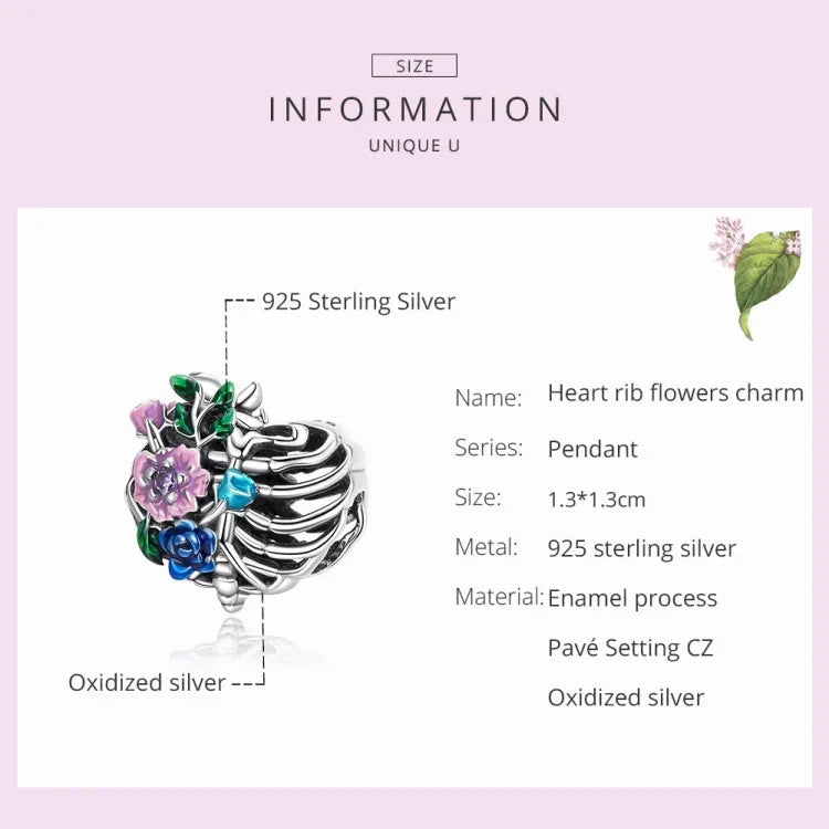 ลูกปัดดอกหัวใจซี่โครงเงินสเตอร์ลิง S925 อุปกรณ์ทำสร้อยข้อมือสร้อยคอ DIY ลายดอกหัวใจซี่โครง
