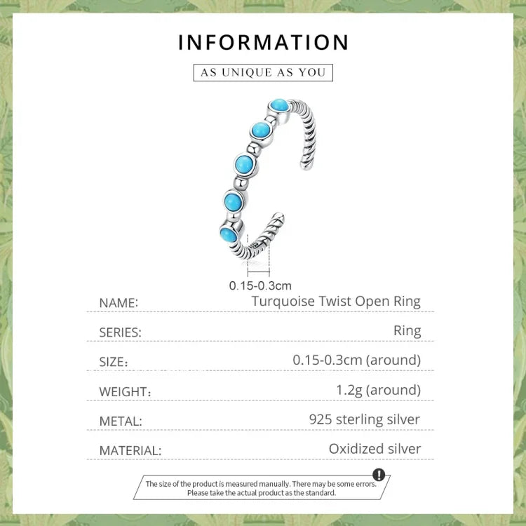 แหวนเปิดผู้หญิงเงินสเตอร์ลิง S925 ลายบิดเทอร์ควอยซ์