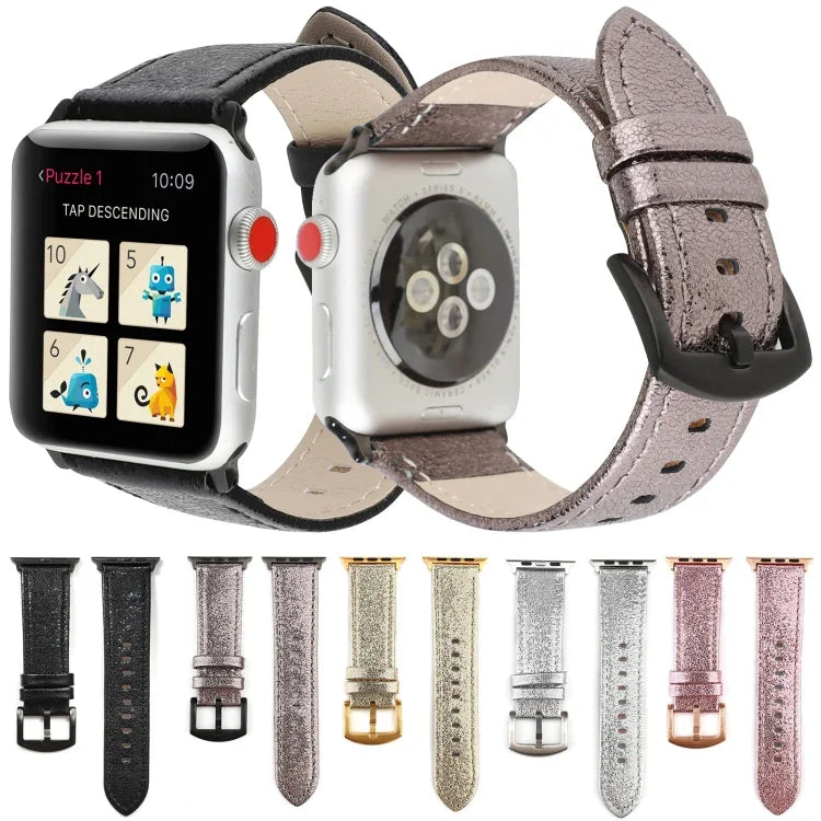 สายหนังแท้กลิตเตอร์สำหรับ Apple Watch Series, 7 41มม. / 6&SE&5&4 40มม. / 3&2&1 38มม., 7 45มม. / 6&SE&5&4 44มม. / 3&2&1 42มม.