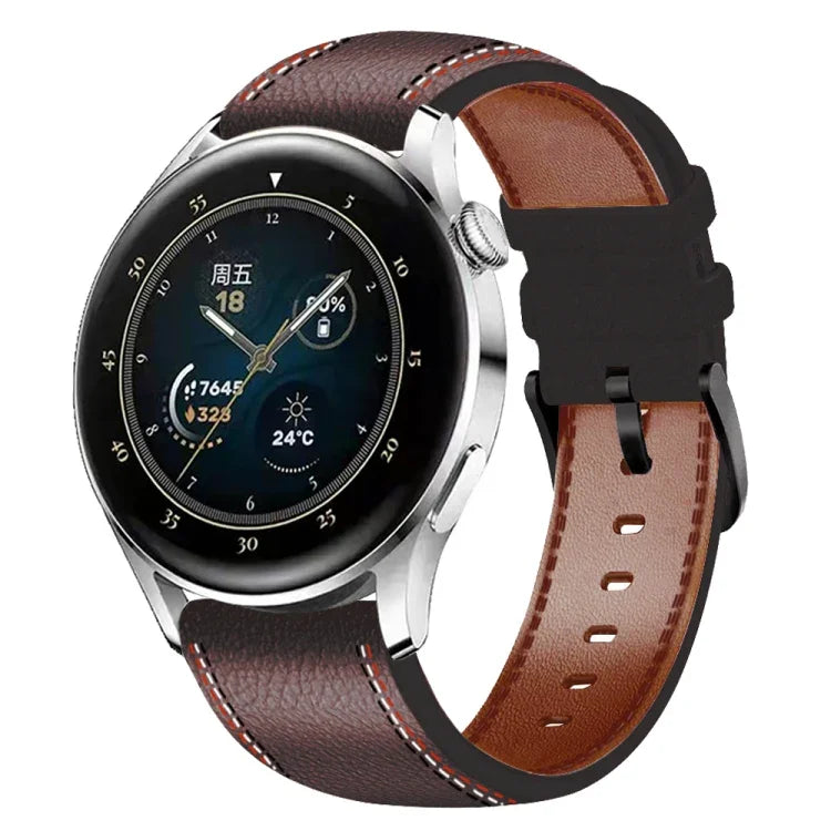 Sewing Thread Genuine Leather Watch Band, For Samsung Galaxy Watch 3 45mm, For Huawei Watch GT 3 46mm