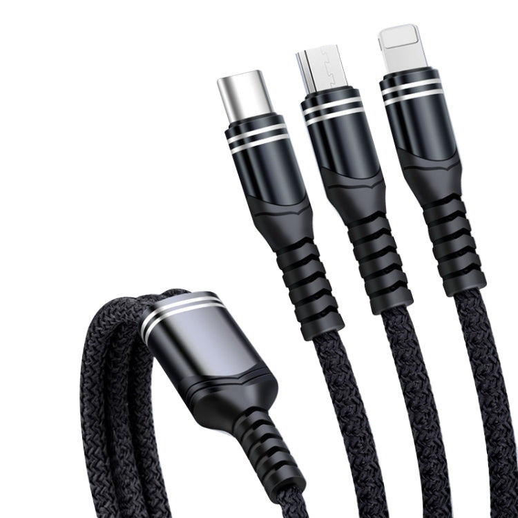 สายชาร์จข้อมูลถัก 3 in 1 6A 66W USB เป็น 8 พิน + Micro USB + USB-C / Type-C ชาร์จเร็ว USB เป็น 8 พิน+Micro USB+Type-C