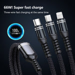 สายชาร์จข้อมูลถัก 3 in 1 6A 66W USB เป็น 8 พิน + Micro USB + USB-C / Type-C ชาร์จเร็ว USB เป็น 8 พิน+Micro USB+Type-C