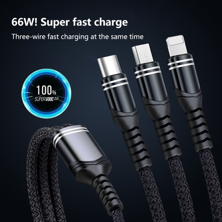 สายชาร์จข้อมูลถัก 3 in 1 6A 66W USB เป็น 8 พิน + Micro USB + USB-C / Type-C ชาร์จเร็ว USB เป็น 8 พิน+Micro USB+Type-C