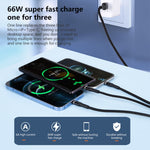 สายชาร์จข้อมูลถัก 3 in 1 6A 66W USB เป็น 8 พิน + Micro USB + USB-C / Type-C ชาร์จเร็ว USB เป็น 8 พิน+Micro USB+Type-C