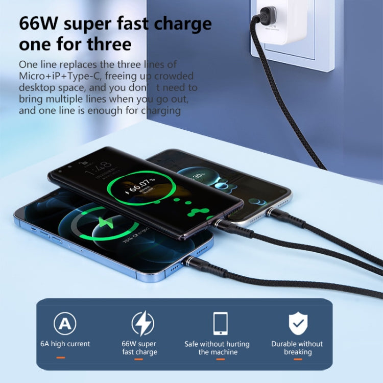สายชาร์จข้อมูลถัก 3 in 1 6A 66W USB เป็น 8 พิน + Micro USB + USB-C / Type-C ชาร์จเร็ว USB เป็น 8 พิน+Micro USB+Type-C