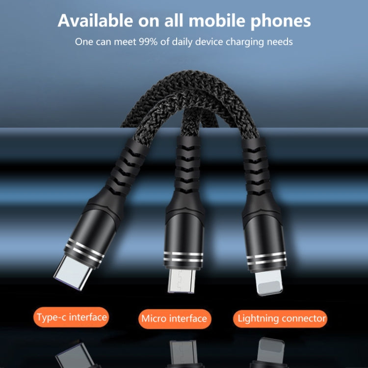 สายชาร์จข้อมูลถัก 3 in 1 6A 66W USB เป็น 8 พิน + Micro USB + USB-C / Type-C ชาร์จเร็ว USB เป็น 8 พิน+Micro USB+Type-C