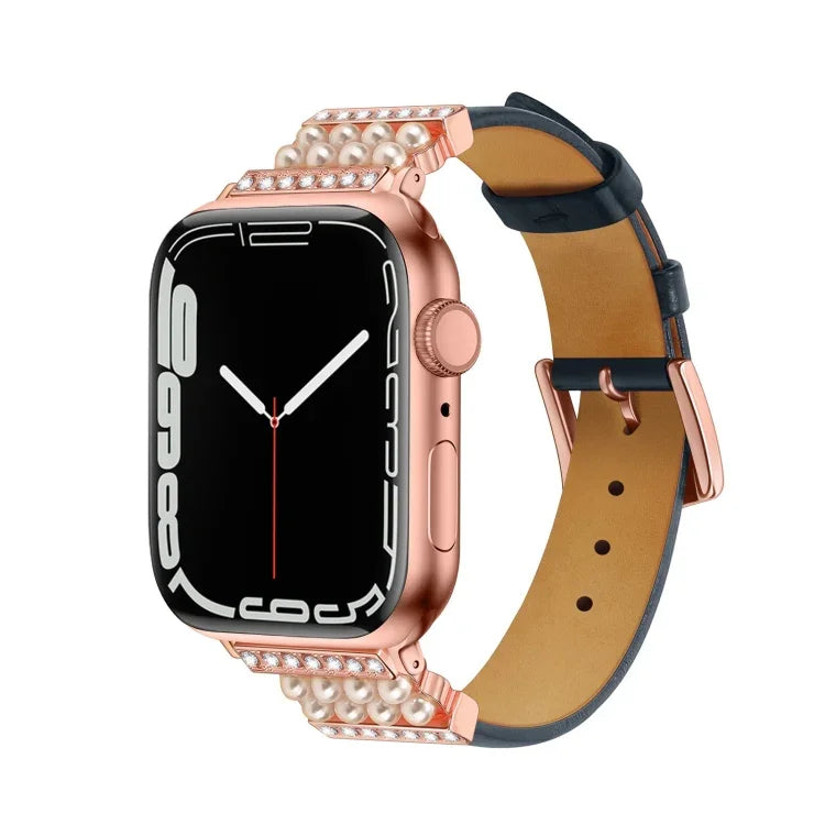 สายรัดนาฬิกาหนังประดับเพชรไข่มุกสำหรับ Apple Watch Series, 7 41มม. / 6&SE&5&4 40มม. / 3&2&1 38มม., 7 45มม. / 6&SE&5&4 44มม. / 3&2&1 42มม.