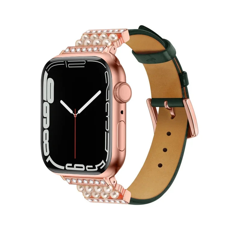 สายรัดนาฬิกาหนังประดับเพชรไข่มุกสำหรับ Apple Watch Series, 7 41มม. / 6&SE&5&4 40มม. / 3&2&1 38มม., 7 45มม. / 6&SE&5&4 44มม. / 3&2&1 42มม.