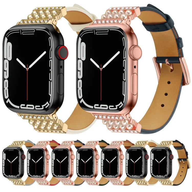 สายรัดนาฬิกาหนังประดับเพชรไข่มุกสำหรับ Apple Watch Series, 7 41มม. / 6&SE&5&4 40มม. / 3&2&1 38มม., 7 45มม. / 6&SE&5&4 44มม. / 3&2&1 42มม.