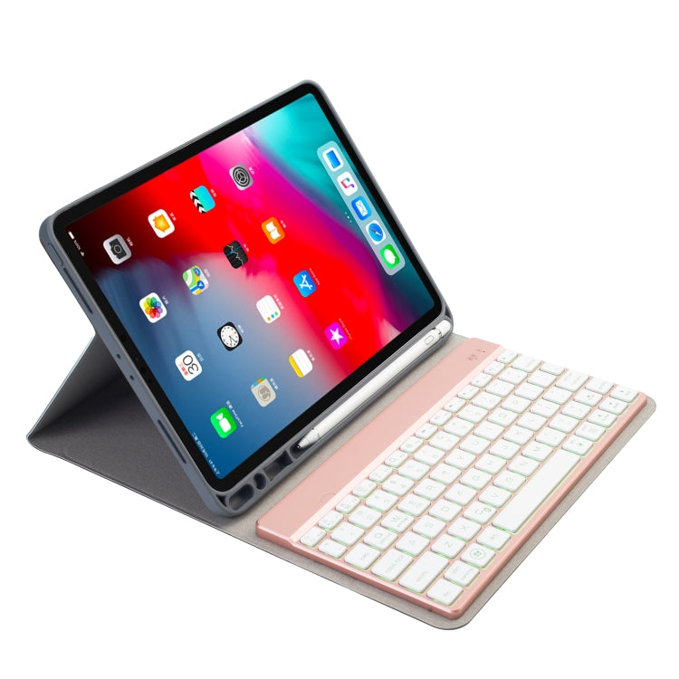 RK11A เคส TPU พร้อมไฟแบ็คไลท์หลากสี คีย์บอร์ดบลูทูธแบบพลิกแนวนอนสำหรับ iPad Pro 11 2020 / 2018 พร้อมที่วางและช่องใส่ปากกา
