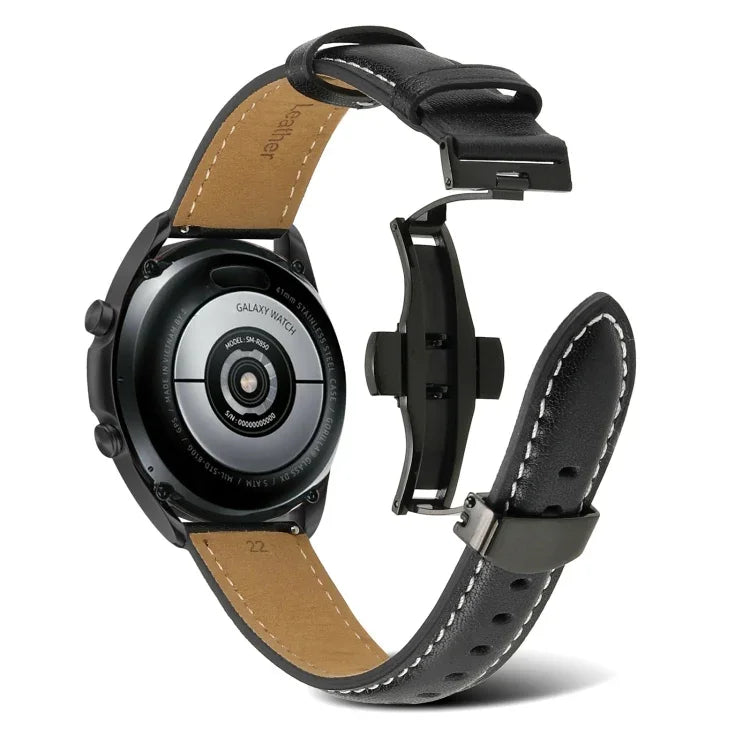 สายรัดนาฬิกาหนังแท้เย็บตะเข็บหัวเข็มขัดรูปผีเสื้อ สำหรับ Samsung Galaxy Watch4 ขนาด 20 มม. สำหรับ Huawei Watch GT 3 Pro ขนาด 22 มม.