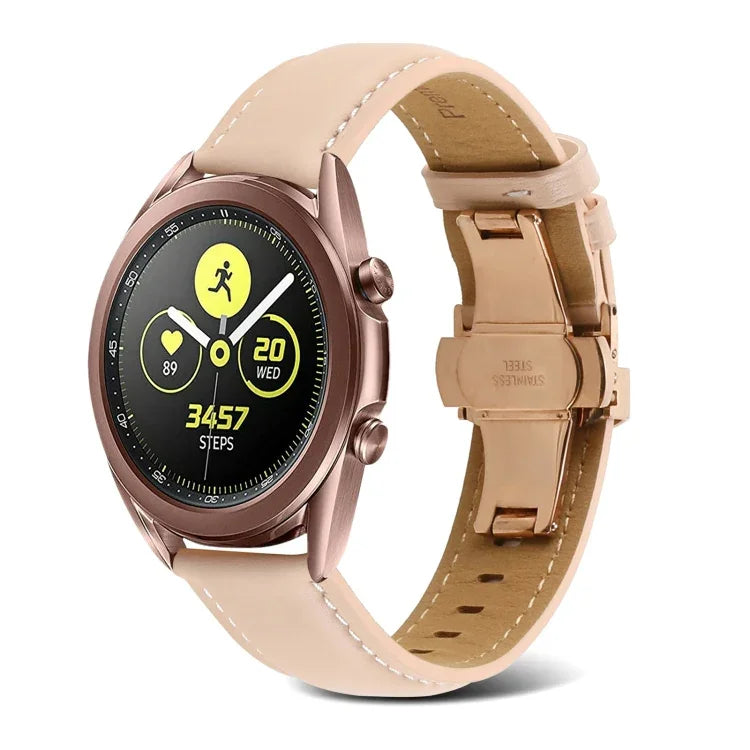 สายรัดนาฬิกาหนังแท้เย็บตะเข็บหัวเข็มขัดรูปผีเสื้อ สำหรับ Samsung Galaxy Watch4 ขนาด 20 มม. สำหรับ Huawei Watch GT 3 Pro ขนาด 22 มม.