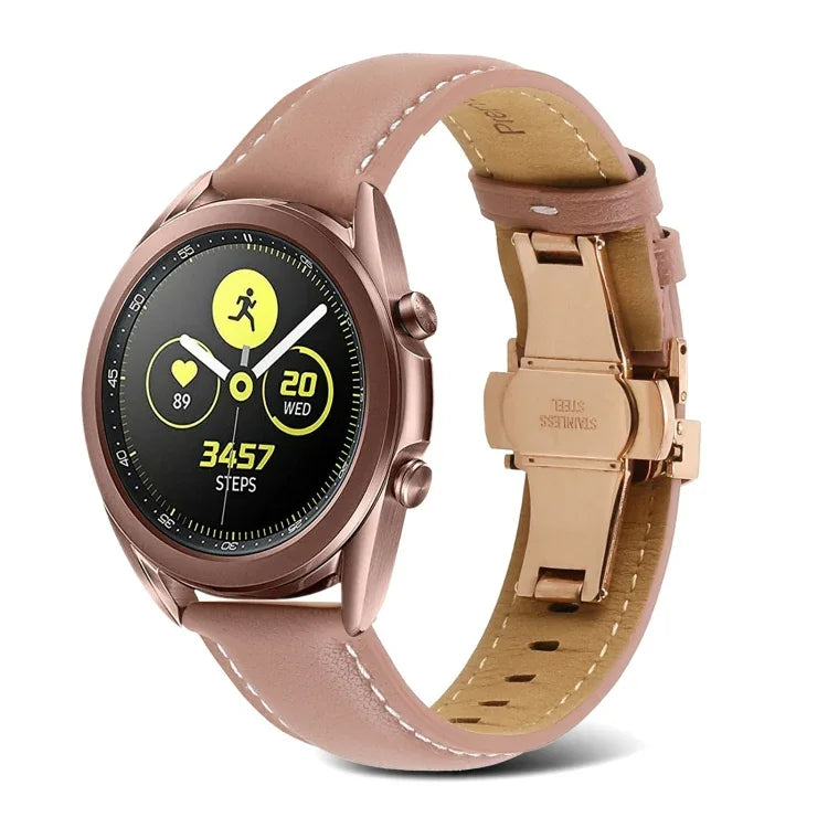 สายรัดนาฬิกาหนังแท้เย็บตะเข็บหัวเข็มขัดรูปผีเสื้อ สำหรับ Samsung Galaxy Watch4 ขนาด 20 มม. สำหรับ Huawei Watch GT 3 Pro ขนาด 22 มม.