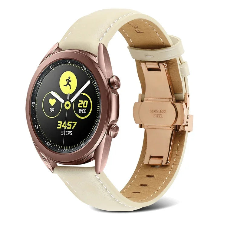 สายรัดนาฬิกาหนังแท้เย็บตะเข็บหัวเข็มขัดรูปผีเสื้อ สำหรับ Samsung Galaxy Watch4 ขนาด 20 มม. สำหรับ Huawei Watch GT 3 Pro ขนาด 22 มม.