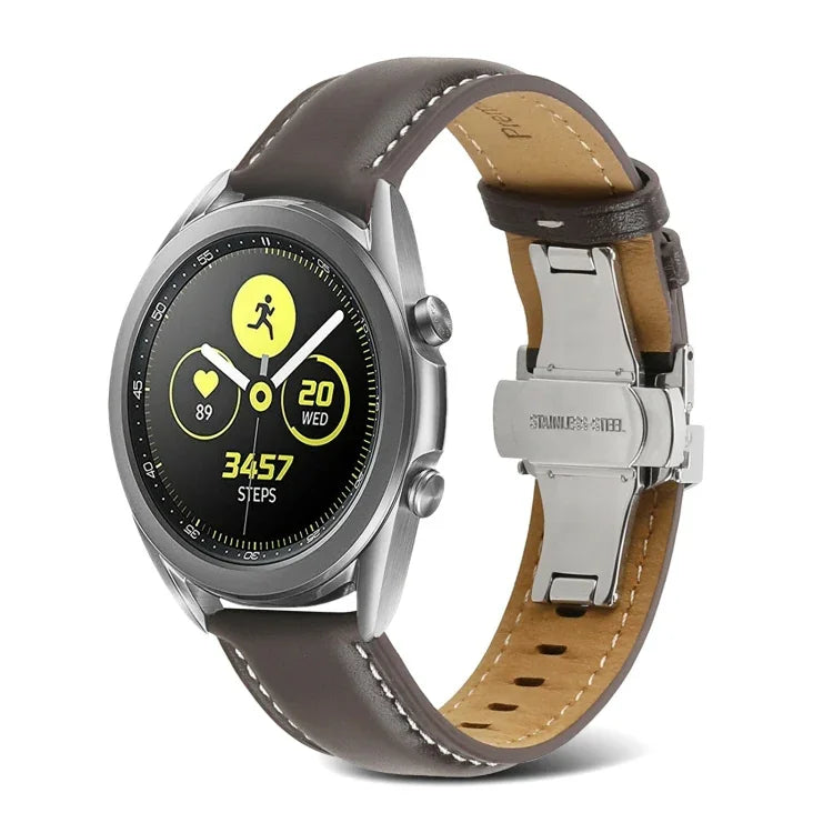 สายรัดนาฬิกาหนังแท้เย็บตะเข็บหัวเข็มขัดรูปผีเสื้อ สำหรับ Samsung Galaxy Watch4 ขนาด 20 มม. สำหรับ Huawei Watch GT 3 Pro ขนาด 22 มม.