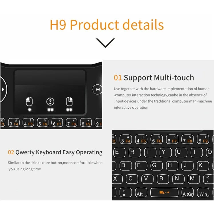 H9 เมาส์ไร้สายขนาดเล็ก 2.4GHz พร้อมคีย์บอร์ด QWERTY มีไฟพื้นหลังสีขาวและทัชแพด สำหรับ PC, ทีวี, พร้อมไฟพื้นหลังสีขาว