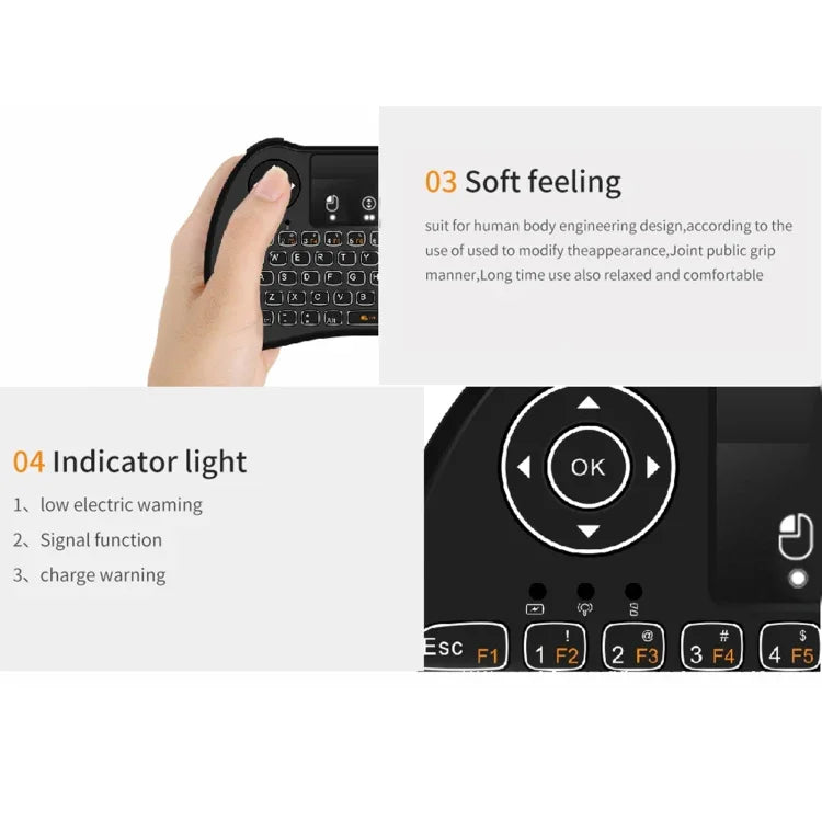H9 เมาส์ไร้สายขนาดเล็ก 2.4GHz พร้อมคีย์บอร์ด QWERTY มีไฟพื้นหลังสีขาวและทัชแพด สำหรับ PC, ทีวี, พร้อมไฟพื้นหลังสีขาว