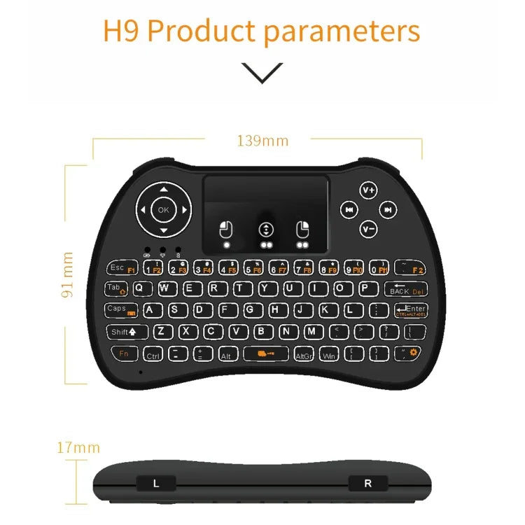 H9 เมาส์ไร้สายขนาดเล็ก 2.4GHz พร้อมคีย์บอร์ด QWERTY มีไฟพื้นหลังสีขาวและทัชแพด สำหรับ PC, ทีวี, พร้อมไฟพื้นหลังสีขาว