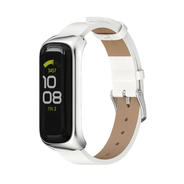 สายรัดนาฬิกาหนังไมโครไฟเบอร์พร้อมเคสโลหะ สำหรับ Samsung Galaxy Fit 2