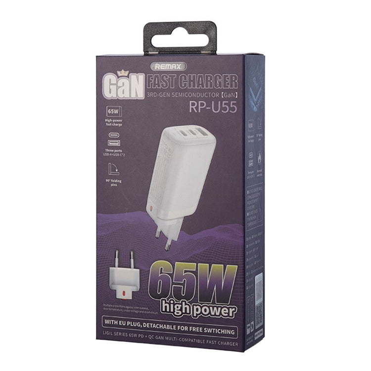REMAX RP-U55 Territory Series ที่ชาร์จเร็ว 65W USB + USB-C คู่ / Type-C, ปลั๊ก EU, ปลั๊ก UK, ปลั๊ก CN