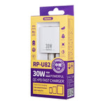 REMAX RP-U82 ชาร์จเร็ว 30W USB+USB-C/Type-C สองพอร์ต อินเตอร์เฟซคู่ ปลั๊ก CN, ปลั๊ก UK, ปลั๊ก US