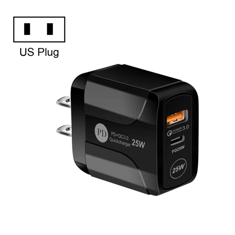ที่ชาร์จเดินทาง 25W PD Type-C + QC3.0 USB Ports, ปลั๊ก US, ปลั๊ก EU