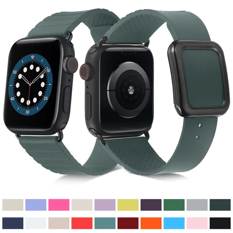 สายซิลิโคนหัวเข็มขัดสี่เหลี่ยมสีดำ สำหรับ Apple Watch Series, 7 45มม. / 6&SE&5&4 44มม. / 3&2&1 42มม., 7 41มม. / 6&SE&5&4 40มม. / 3&2&1 38มม.