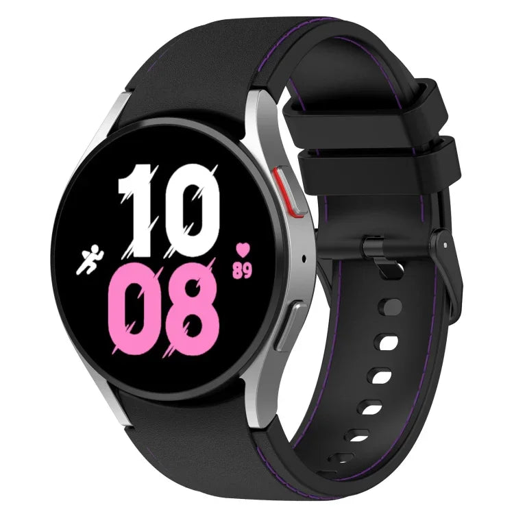 Silicone watch band for Samsung Galaxy on a black smartwatch display showing time and fitness stats.