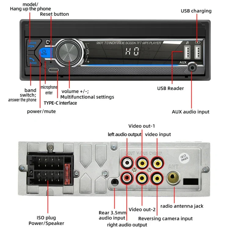 9901 เครื่องเล่น MP5 รถยนต์ขนาด 7 นิ้ว แบบเลื่อนเก็บได้ รองรับ FM และอินเทอร์เน็ตโทรศัพท์มือถือ, 9901