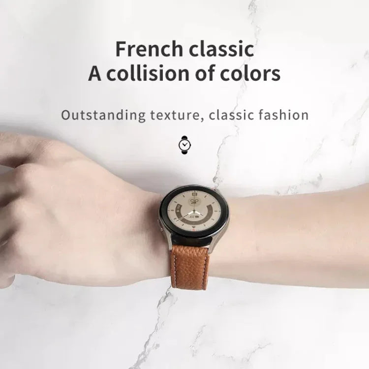 สายหนังแท้ลายลิ้นจี่สำหรับ Samsung Galaxy Watch5 ขนาด 40 มม. / 44 มม. พร้อมหัวเข็มขัดสีดำและสีเงิน