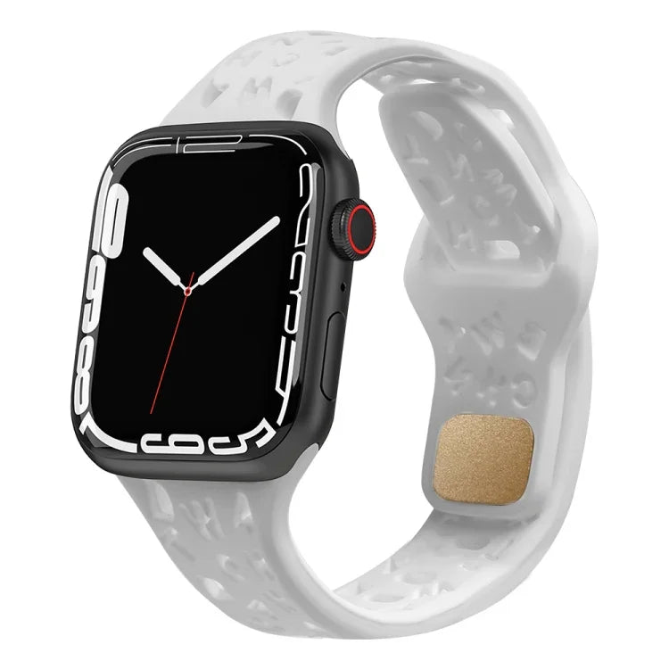 สายรัดนาฬิกาซิลิโคนลายตัวอักษรอังกฤษ สำหรับ Apple Watch Ultra 49mm / Series 8&7 45mm / SE 2&6&SE&5&4 44mm / 3&2&1 42mm, สำหรับ Apple Watch Series 8&7 41mm / SE 2&6&SE&5&4 40mm / 3&2&1 38mm