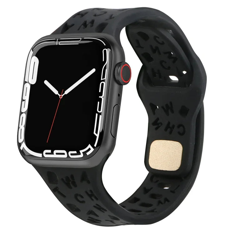 สายรัดนาฬิกาซิลิโคนลายตัวอักษรอังกฤษ สำหรับ Apple Watch Ultra 49mm / Series 8&7 45mm / SE 2&6&SE&5&4 44mm / 3&2&1 42mm, สำหรับ Apple Watch Series 8&7 41mm / SE 2&6&SE&5&4 40mm / 3&2&1 38mm