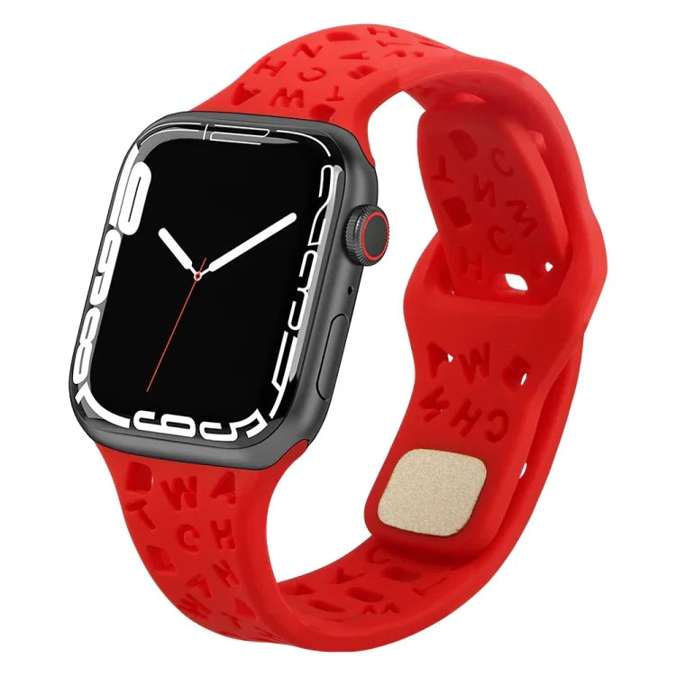 สายรัดนาฬิกาซิลิโคนลายตัวอักษรอังกฤษ สำหรับ Apple Watch Ultra 49mm / Series 8&7 45mm / SE 2&6&SE&5&4 44mm / 3&2&1 42mm, สำหรับ Apple Watch Series 8&7 41mm / SE 2&6&SE&5&4 40mm / 3&2&1 38mm