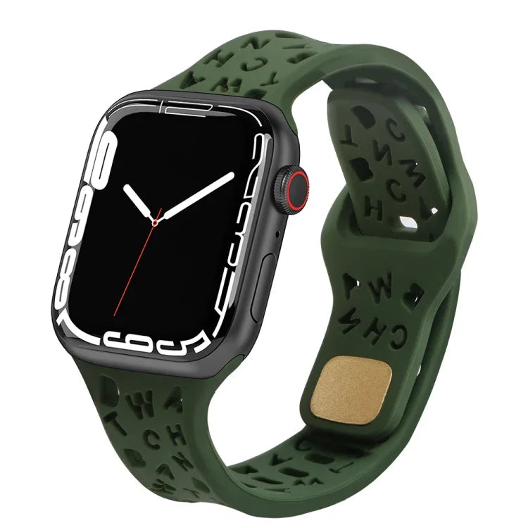 สายรัดนาฬิกาซิลิโคนลายตัวอักษรอังกฤษ สำหรับ Apple Watch Ultra 49mm / Series 8&7 45mm / SE 2&6&SE&5&4 44mm / 3&2&1 42mm, สำหรับ Apple Watch Series 8&7 41mm / SE 2&6&SE&5&4 40mm / 3&2&1 38mm