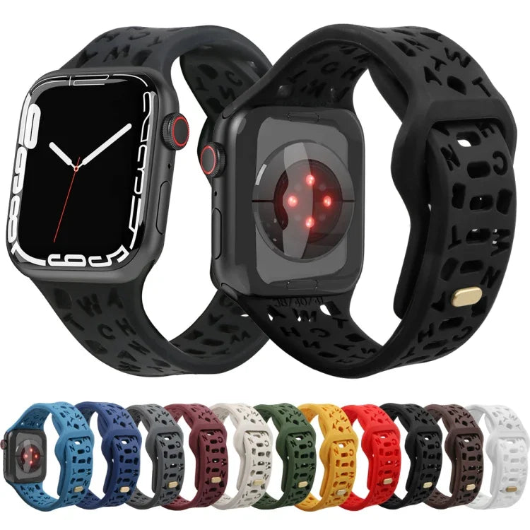 สายรัดนาฬิกาซิลิโคนลายตัวอักษรอังกฤษ สำหรับ Apple Watch Ultra 49mm / Series 8&7 45mm / SE 2&6&SE&5&4 44mm / 3&2&1 42mm, สำหรับ Apple Watch Series 8&7 41mm / SE 2&6&SE&5&4 40mm / 3&2&1 38mm