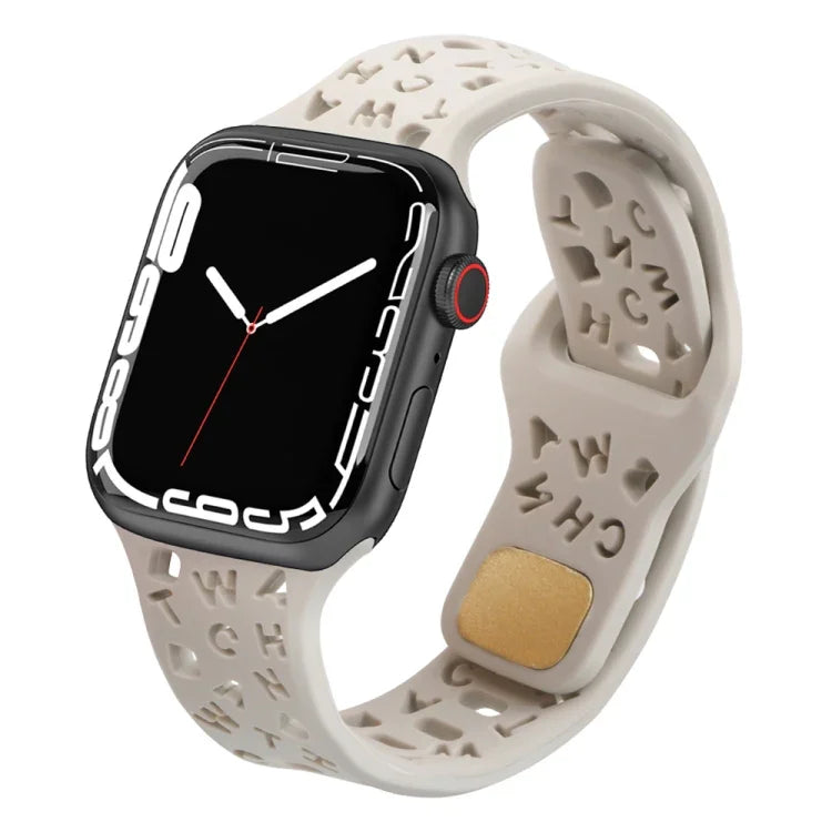 สายรัดนาฬิกาซิลิโคนลายตัวอักษรอังกฤษ สำหรับ Apple Watch Ultra 49mm / Series 8&7 45mm / SE 2&6&SE&5&4 44mm / 3&2&1 42mm, สำหรับ Apple Watch Series 8&7 41mm / SE 2&6&SE&5&4 40mm / 3&2&1 38mm