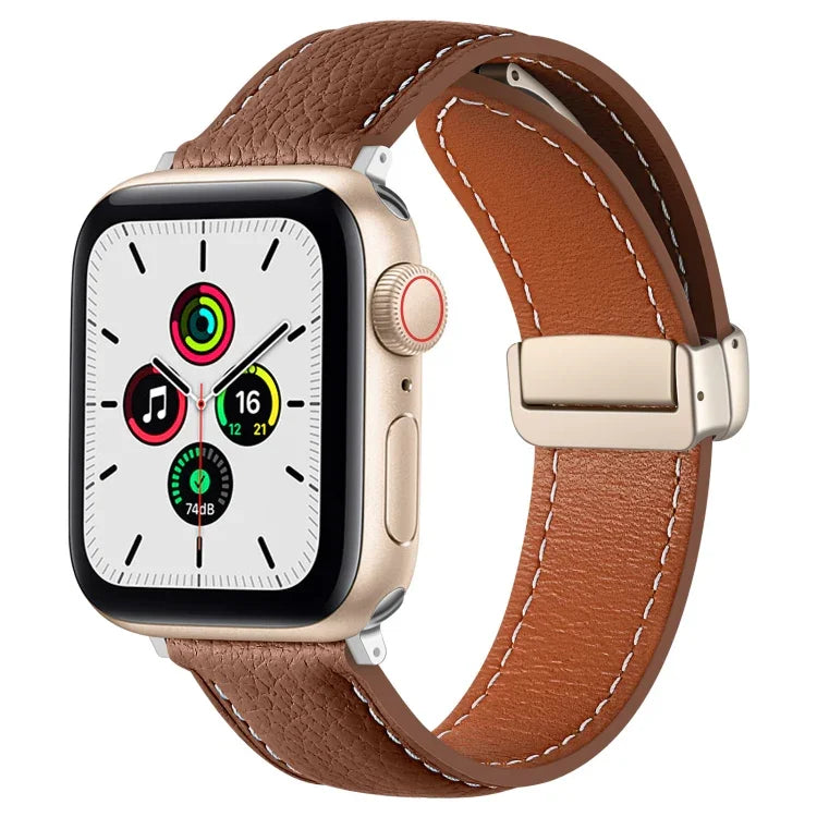 สายรัดนาฬิกาหนังแท้หัวเข็มขัดพับ สำหรับ Apple Watch Ultra 49 มม. / Series 8&7 45 มม. / SE 2&6&SE&5&4 44 มม. / 3&2&1 42 มม. สำหรับ Apple Watch Series 8&7 41 มม. / SE 2&6&SE&5&4 40 มม. / 3&2&1 38 มม.