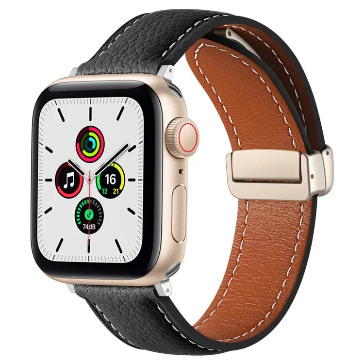 สายรัดนาฬิกาหนังแท้หัวเข็มขัดพับ สำหรับ Apple Watch Ultra 49 มม. / Series 8&7 45 มม. / SE 2&6&SE&5&4 44 มม. / 3&2&1 42 มม. สำหรับ Apple Watch Series 8&7 41 มม. / SE 2&6&SE&5&4 40 มม. / 3&2&1 38 มม.