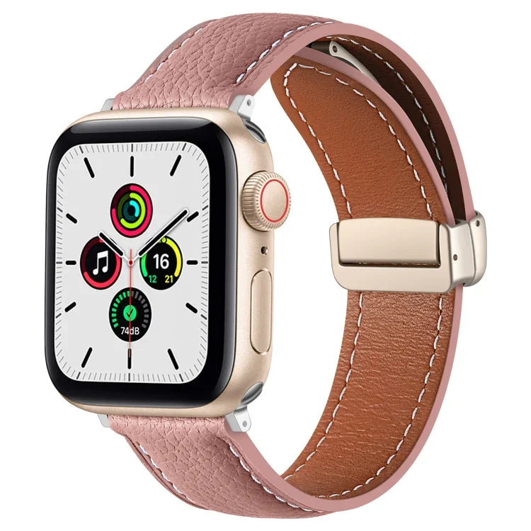 สายรัดนาฬิกาหนังแท้หัวเข็มขัดพับ สำหรับ Apple Watch Ultra 49 มม. / Series 8&7 45 มม. / SE 2&6&SE&5&4 44 มม. / 3&2&1 42 มม. สำหรับ Apple Watch Series 8&7 41 มม. / SE 2&6&SE&5&4 40 มม. / 3&2&1 38 มม.