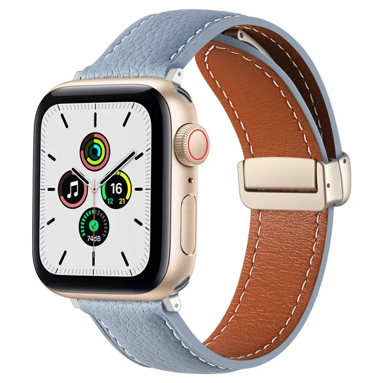 สายรัดนาฬิกาหนังแท้หัวเข็มขัดพับ สำหรับ Apple Watch Ultra 49 มม. / Series 8&7 45 มม. / SE 2&6&SE&5&4 44 มม. / 3&2&1 42 มม. สำหรับ Apple Watch Series 8&7 41 มม. / SE 2&6&SE&5&4 40 มม. / 3&2&1 38 มม.