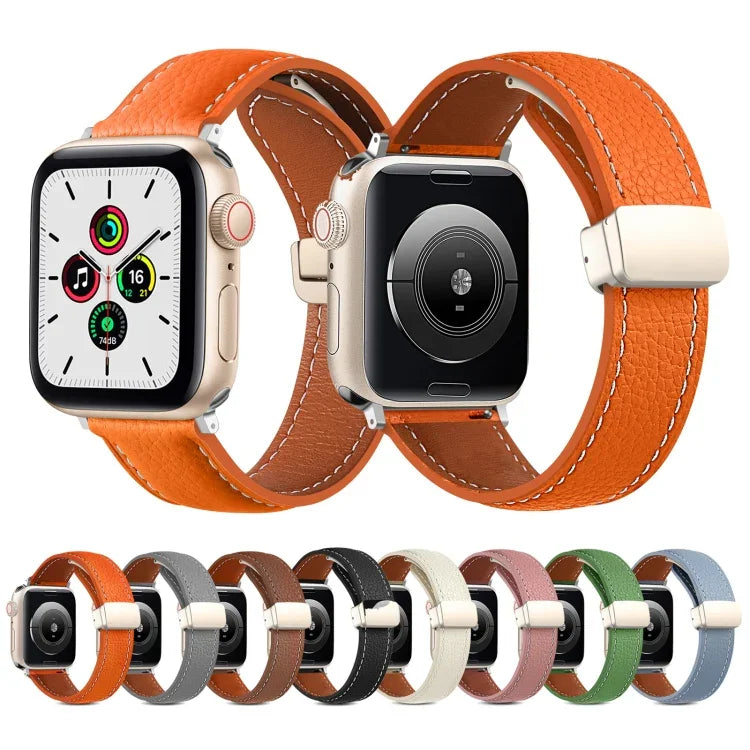 สายรัดนาฬิกาหนังแท้หัวเข็มขัดพับ สำหรับ Apple Watch Ultra 49 มม. / Series 8&7 45 มม. / SE 2&6&SE&5&4 44 มม. / 3&2&1 42 มม. สำหรับ Apple Watch Series 8&7 41 มม. / SE 2&6&SE&5&4 40 มม. / 3&2&1 38 มม.