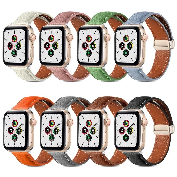 สายรัดนาฬิกาหนังแท้หัวเข็มขัดพับ สำหรับ Apple Watch Ultra 49 มม. / Series 8&7 45 มม. / SE 2&6&SE&5&4 44 มม. / 3&2&1 42 มม. สำหรับ Apple Watch Series 8&7 41 มม. / SE 2&6&SE&5&4 40 มม. / 3&2&1 38 มม.